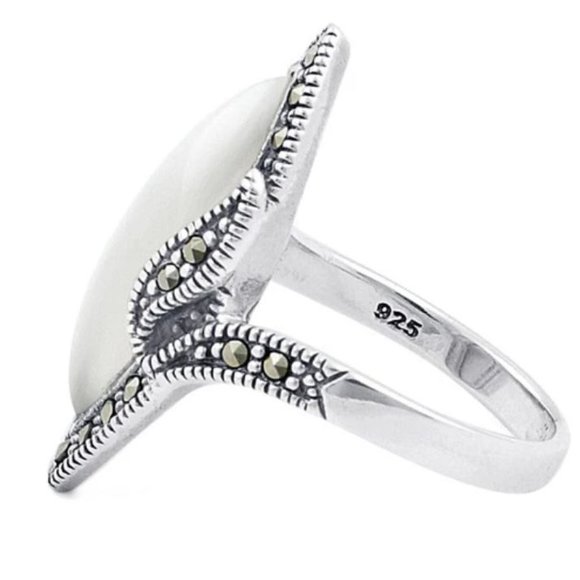 925 STERLING SILVER Marquise Mother Of Pearl & Marcasite Ring - Picture 13 of 15